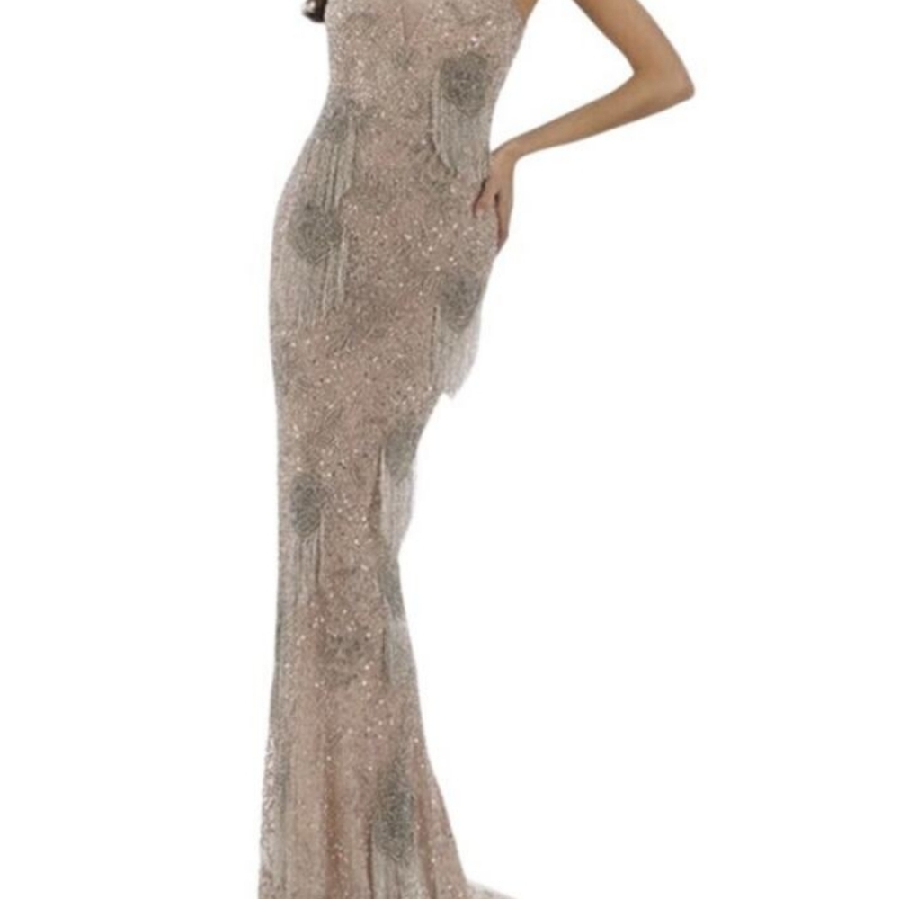 Lara Danika Floral Beaded Sheath Beaded Dress Silver Fringe Cream Size 14 Gown
